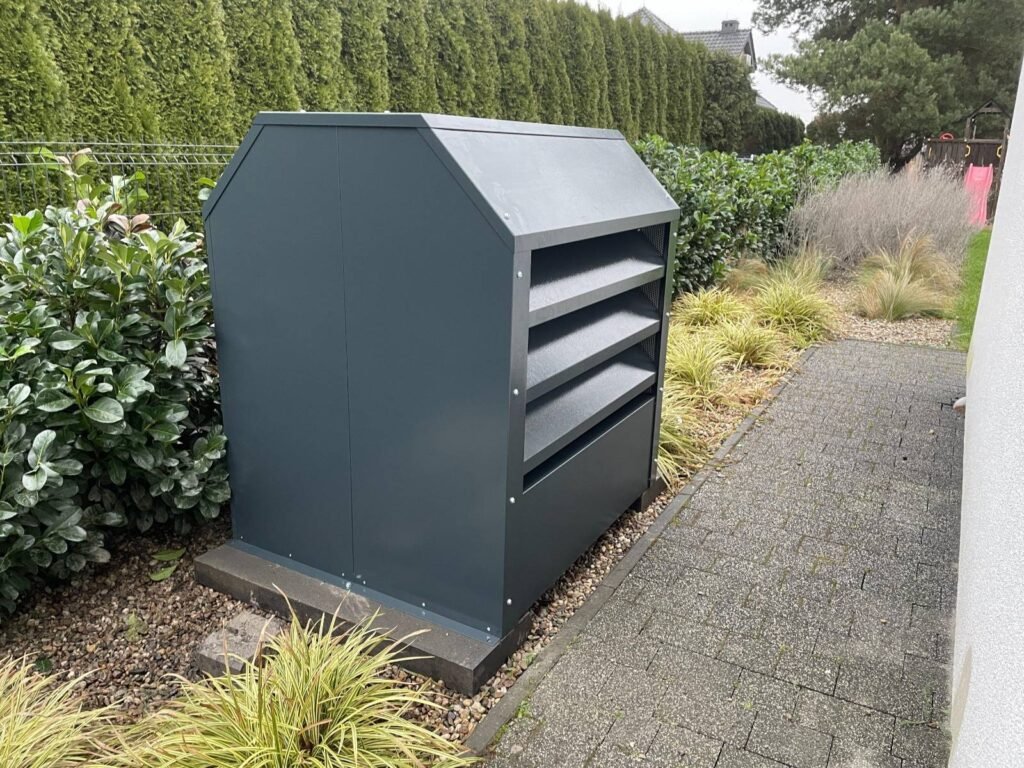 heat pump in the garden next to the house, with an acoustic cover installed on the heat pump
