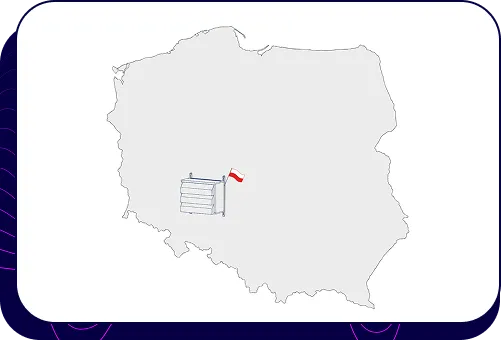 A map of Poland with an icon of the Silencions s|AC| acoustic enclosure and a small Polish flag, symbolising local production and quality control.