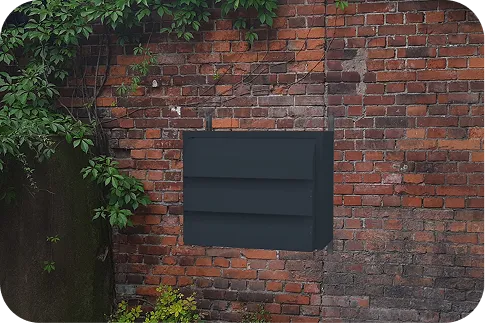 Dark Silencions s|AC| acoustic enclosure mounted on a brick wall of a building, symbolising effective air conditioner soundproofing in hotel and leisure facilities.