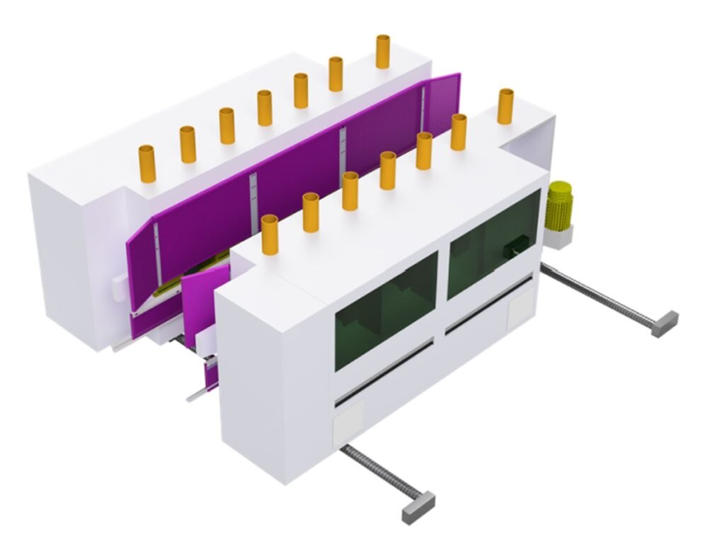Visualisation of an industrial machine (production line in a wood processing plant) after installation of acoustic panels. Purple Silencions acoustic panels are visible between the white machine modules.