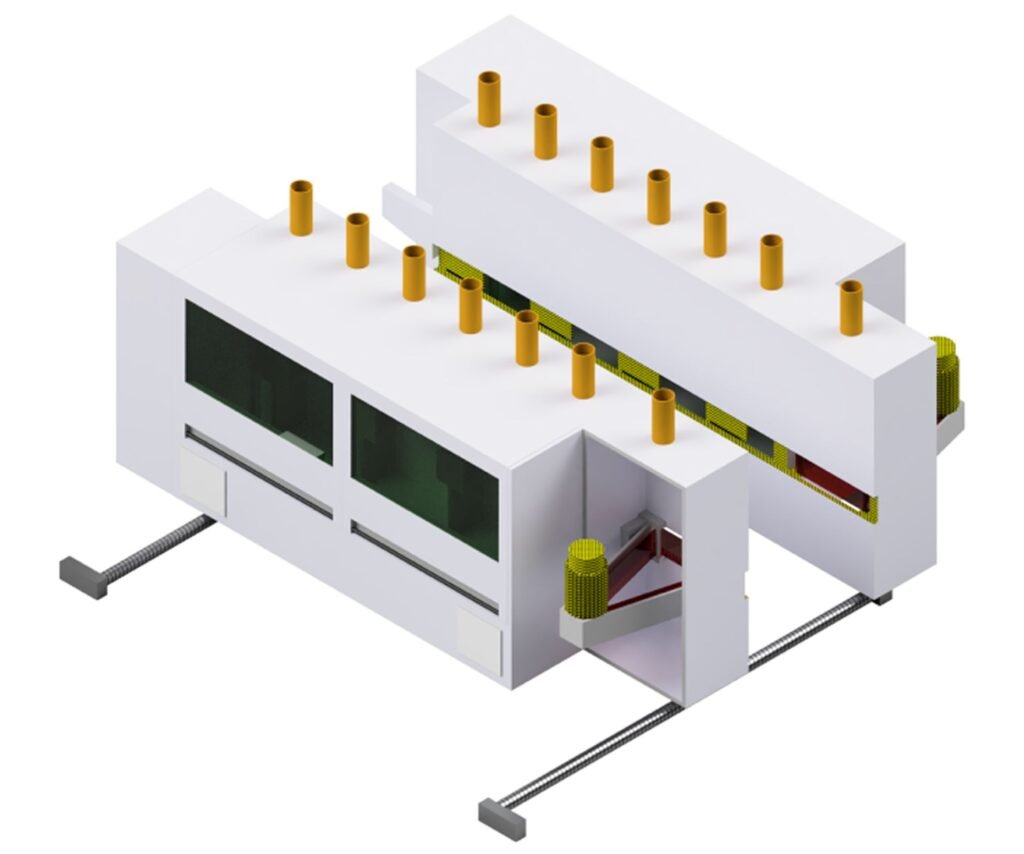 Graphic representation of a large industrial machine (wood processing plant – production line).
