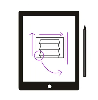 Tablet icon with a technical drawing of an air conditioner enclosure, symbolising individual design and customisation of acoustic solutions.