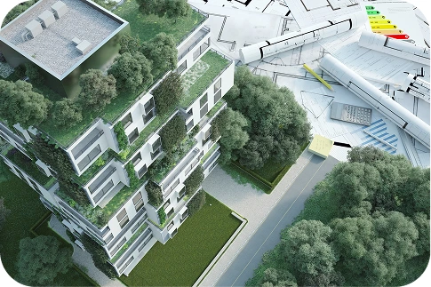 A top-down view of a modern housing estate with green roofs and facades. Next to the building are architectural plans, a roll of paper, a calculator, and energy efficiency charts.