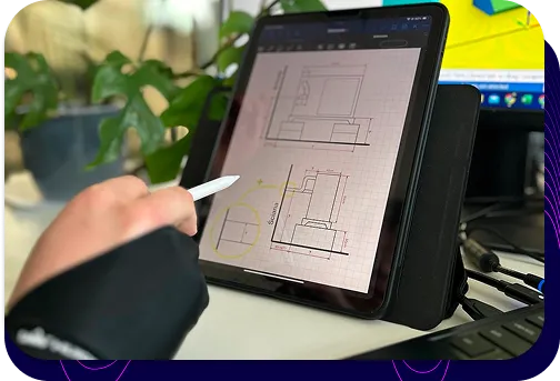 A hand holding a stylus, working on a tablet displaying technical plans and diagrams of an acoustic enclosure.