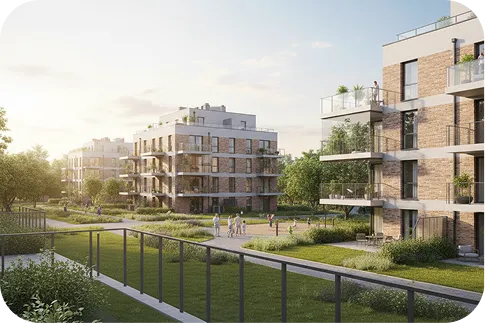 A modern housing estate with several multi-family buildings, surrounded by greenery and recreational areas. The photo symbolises comfort and peace and quiet for residents.
