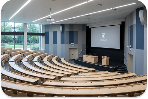 A modern lecture hall with good acoustics ensuring high speech intelligibility