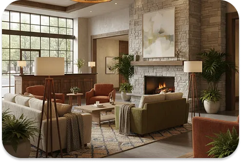 A cozy hotel lobby with a fireplace, where appropriate acoustics create an atmosphere of comfort and prestige.