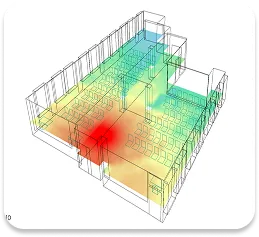 Computer acoustic simulation of a room, showing the distribution of sound pressure, performed using specialized software