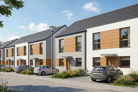 A modern housing estate of terraced houses. Buildings with facades combining white plaster with wooden panels. Dark gray roofs.