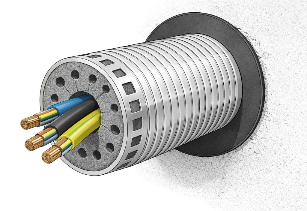 Cross-section of a cable penetration with electrical wires routed through a wall — visualization of the acoustic problem in cable penetrations.
