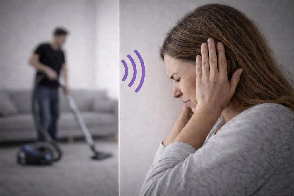 Woman covering her ears due to noise penetrating through the wall from an adjacent room where a man is vacuuming.