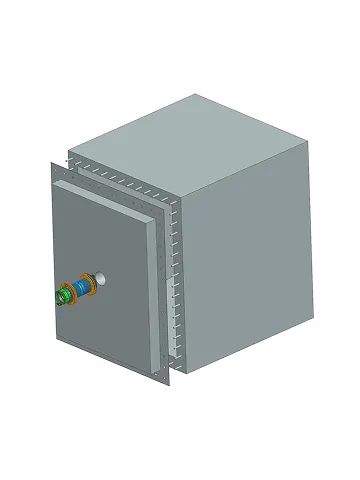 3D model of a reverberation chamber for acoustic insulation testing of partitions with an installed cable penetration.