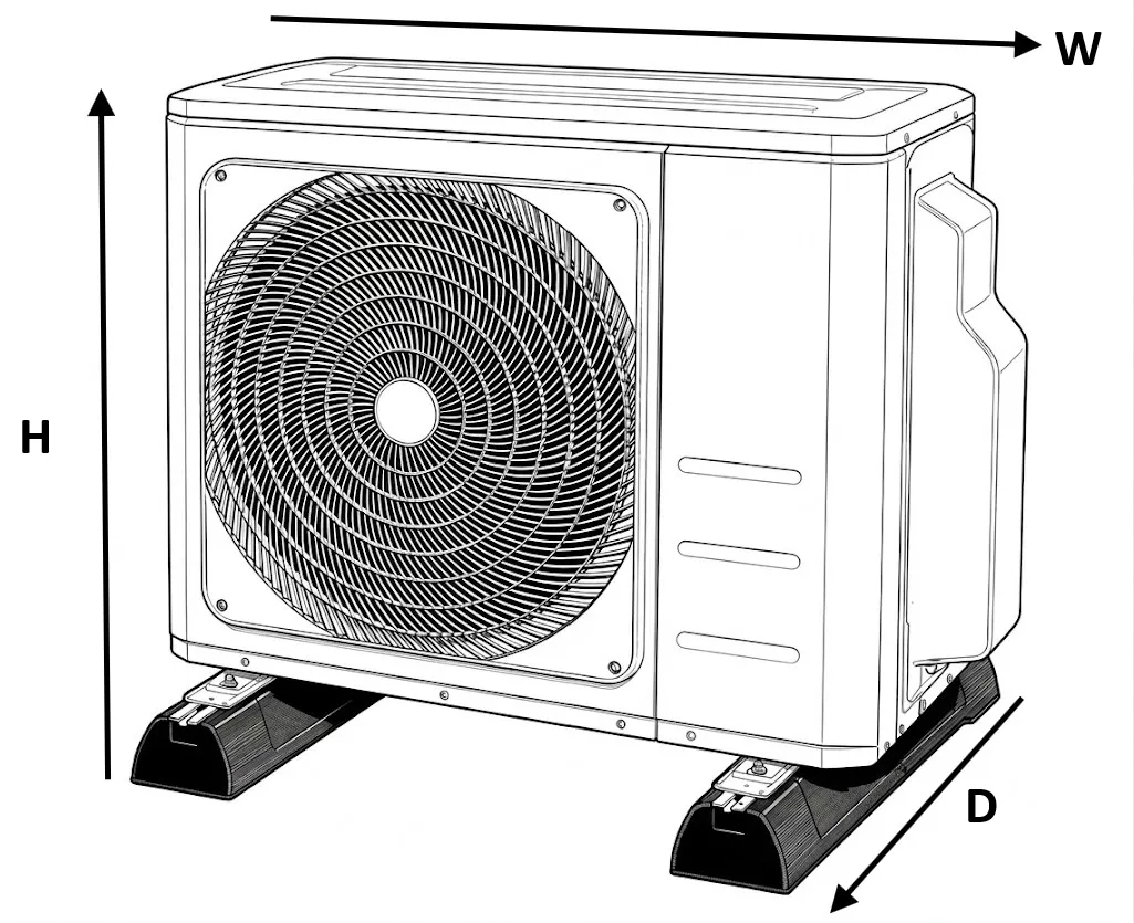 Technical drawing of a standard, single-fan heat pump unit with guidelines for measuring height (H), width (W), and depth (D) for a custom cover.