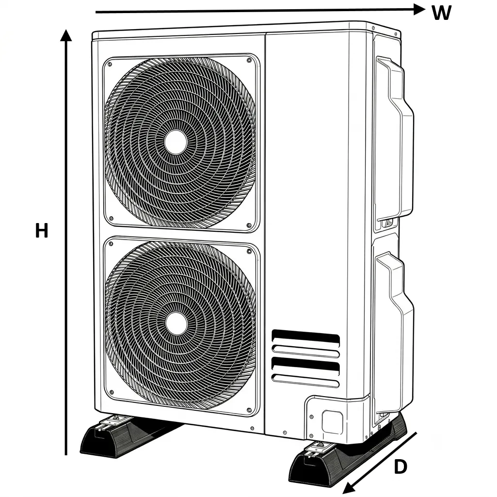 Technical drawing of a tall, double-fan heat pump unit showing how to measure height (H), width (W), and depth (D) for enclosure selection.